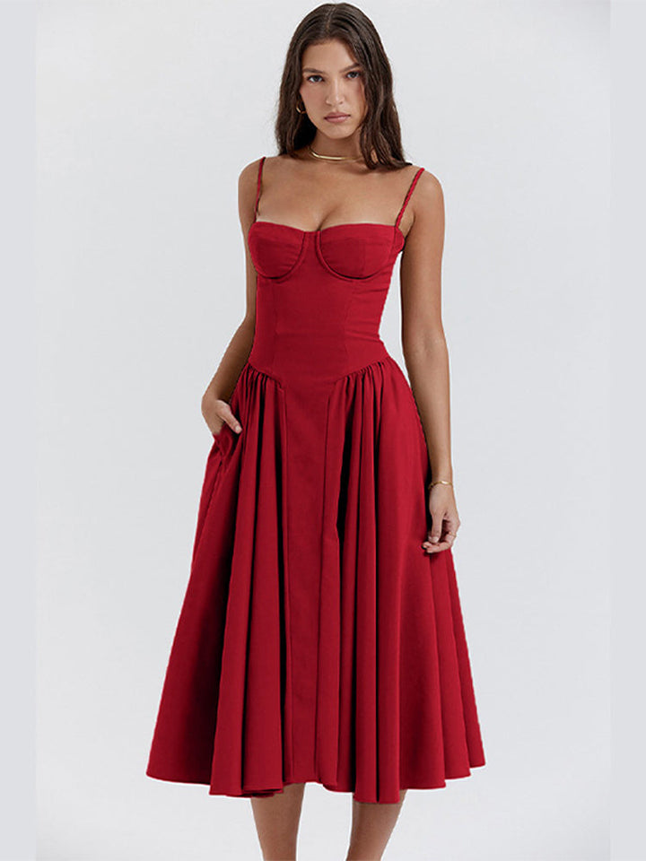 Elegant women's summer midi dress with a corset bodice and adjustable shoulder straps.