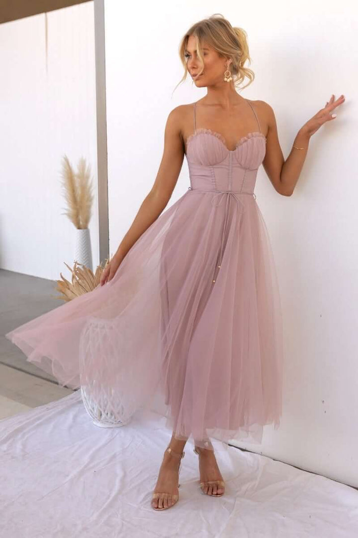 Elegant women's corset midi dress with tulle skirt & spaghetti straps, perfect formal occasion wear.