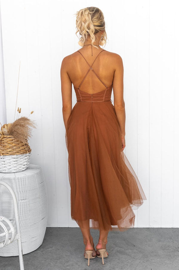 Formal evening midi dress for women, with elegant corset, ethereal tulle skirt, and spaghetti straps.