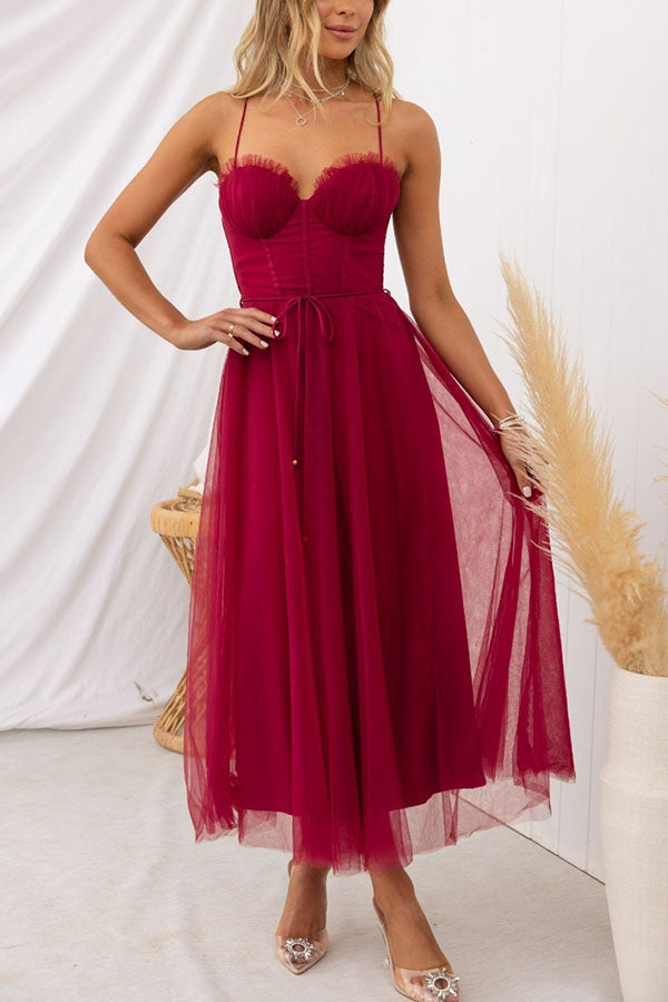 Graceful women's elegant midi dress, perfect for any formal event, with corset top & tulle skirt.