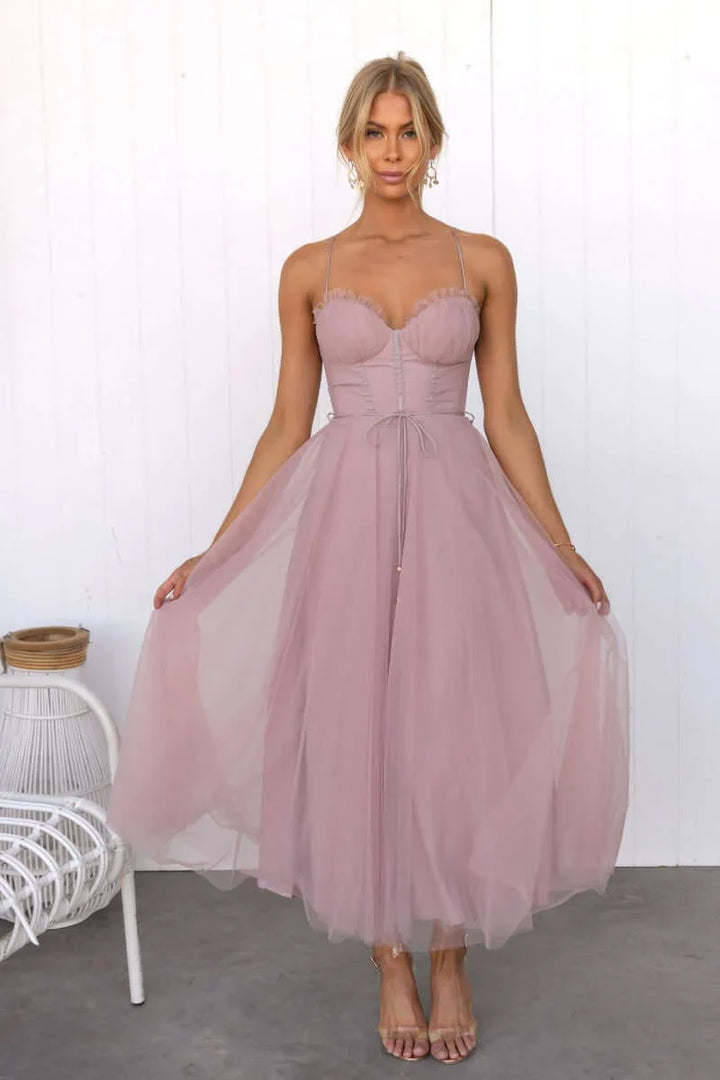Women's elegant corset midi dress, ideal for wedding guests, cocktail parties, or evening events.