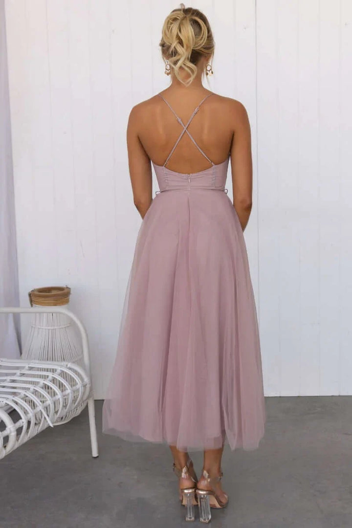 Chic A-line corset midi dress for women, featuring a flowing tulle skirt & delicate spaghetti straps.