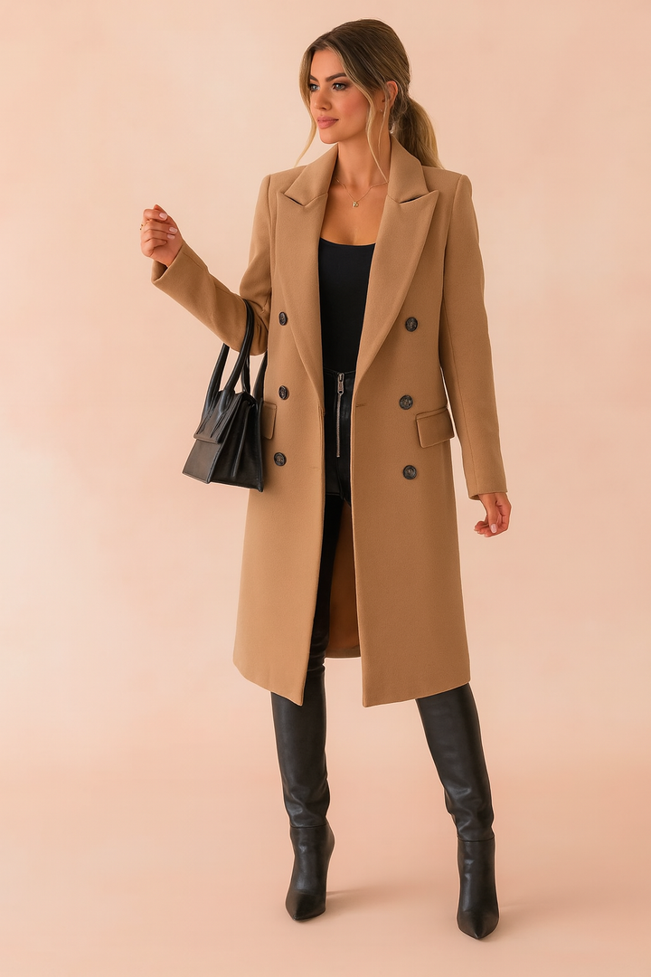 Elegant women's double-breasted long winter coat in classic style, perfect for business fashion & warmth.
