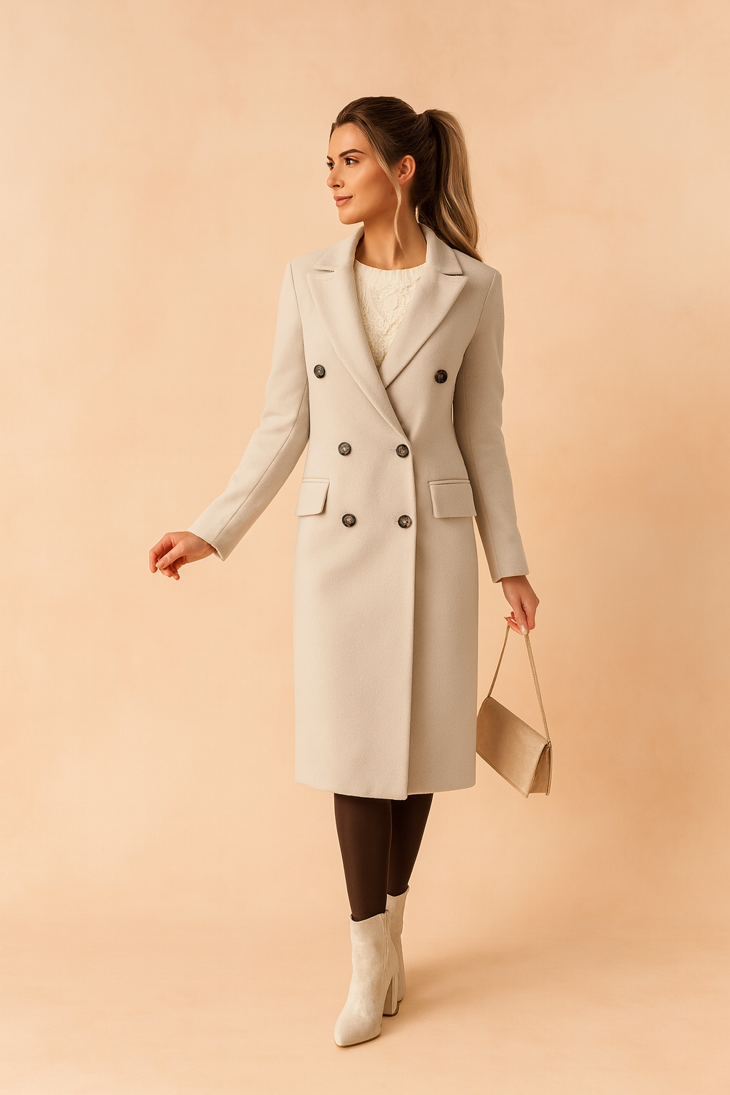 Stylish women's long winter coat, double-breasted for elegant fall/winter outerwear & warmth.
