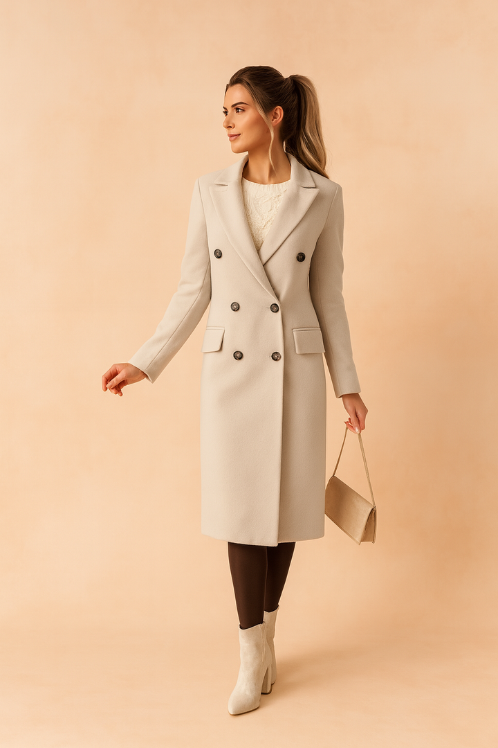Stylish women's long winter coat, double-breasted for elegant fall/winter outerwear & warmth.