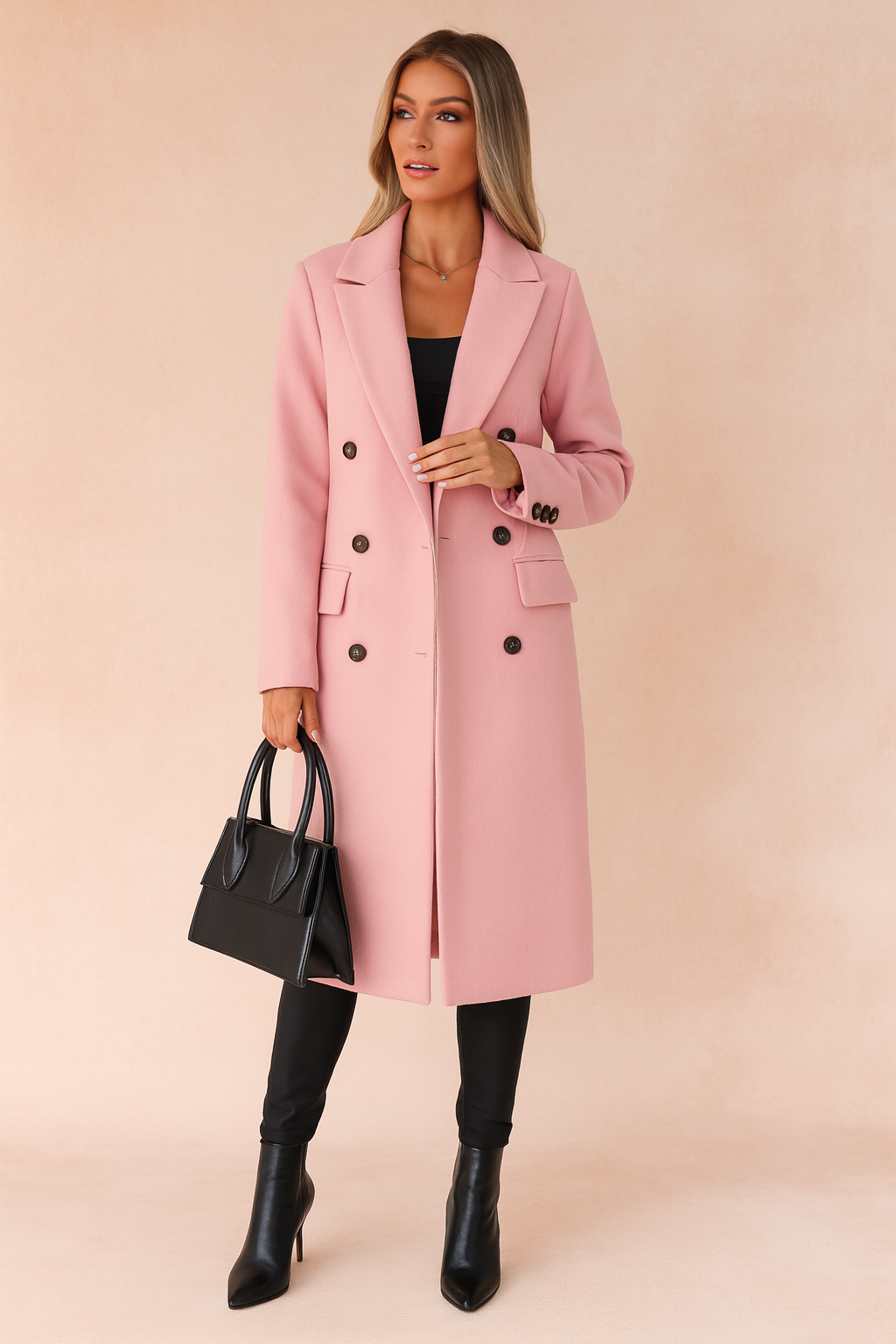 Fashionable women's double-breasted long winter coat, an elegant and warm outerwear piece for fall.