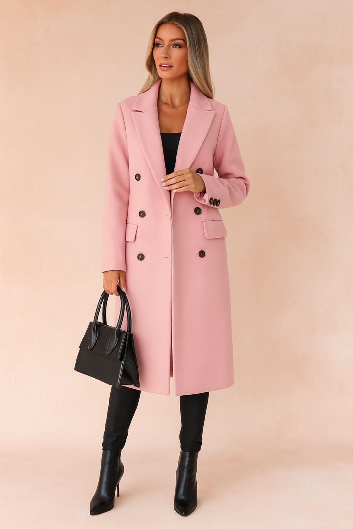 Fashionable women's double-breasted long winter coat, an elegant and warm outerwear piece for fall.