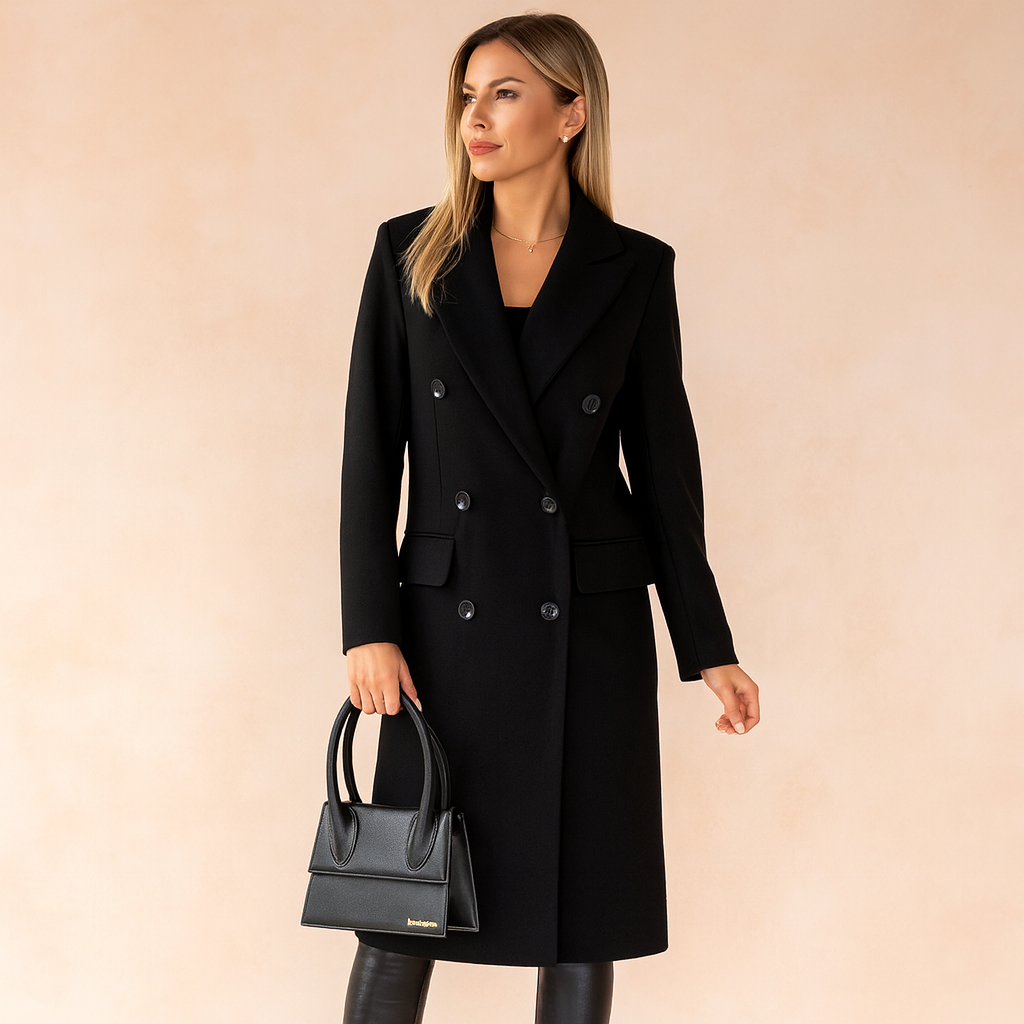 Warm women's long double-breasted winter jacket, elegant for business or stylish fall/winter fashion.