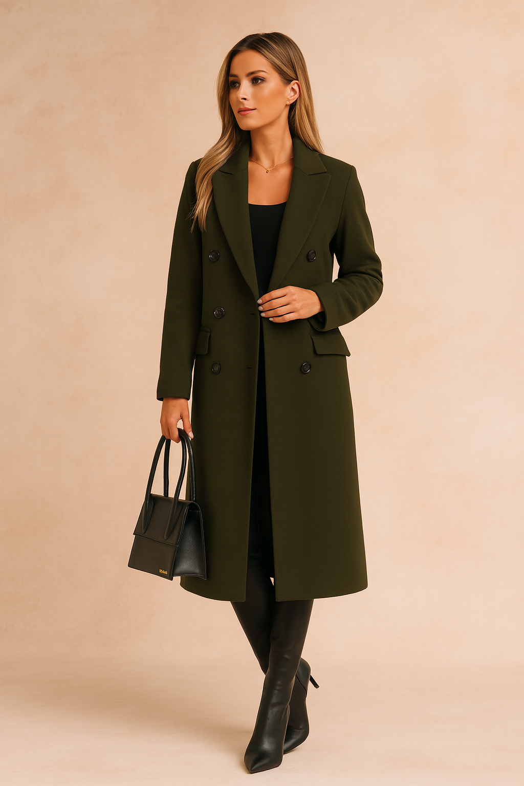 Women's elegant double-breasted long winter coat, stylish and warm outerwear for cold weather fashion.