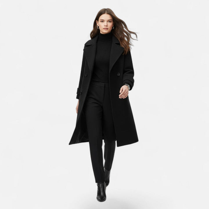 Stylish women's long trench coat, double-breasted and tailored for a slim, chic look.