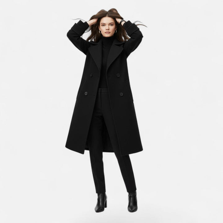 Classic double-breasted women's trench coat, offering an elegant slim fit for sophisticated style.