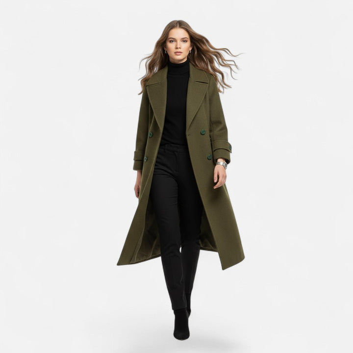 Sophisticated women's double-breasted long trench coat, ideal as elegant winter outerwear.