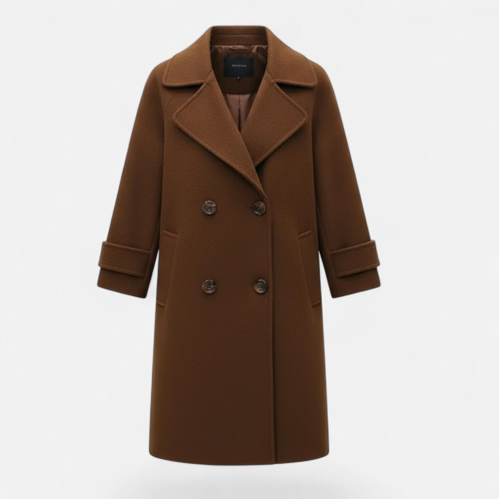 Tailored women's double-breasted trench coat, featuring a slim fit for stylish fall and winter fashion.