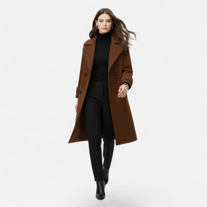 Elegant women's outerwear: a double-breasted trench coat with a chic slim fit, perfect for formal wear.