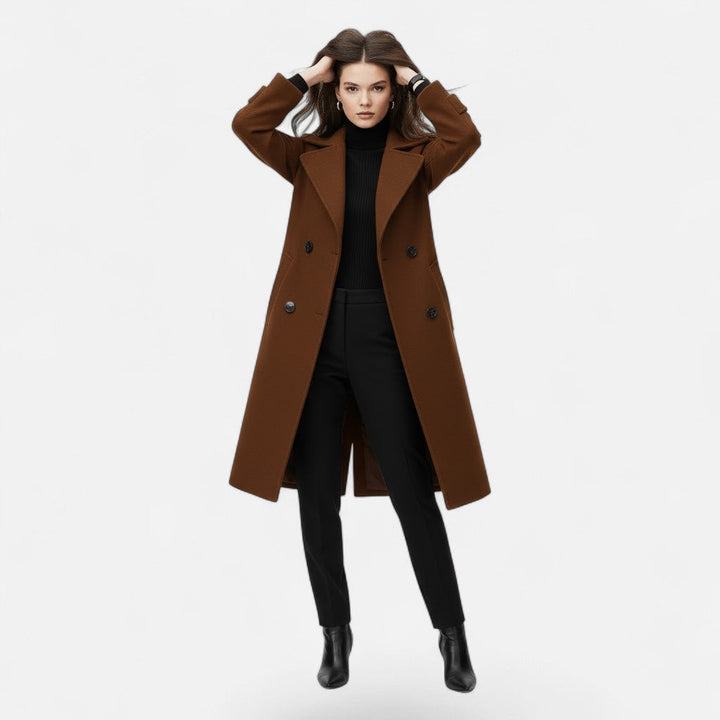Stylish long women's trench coat, double-breasted and slim-fitting, a classic piece for sophisticated outfits.