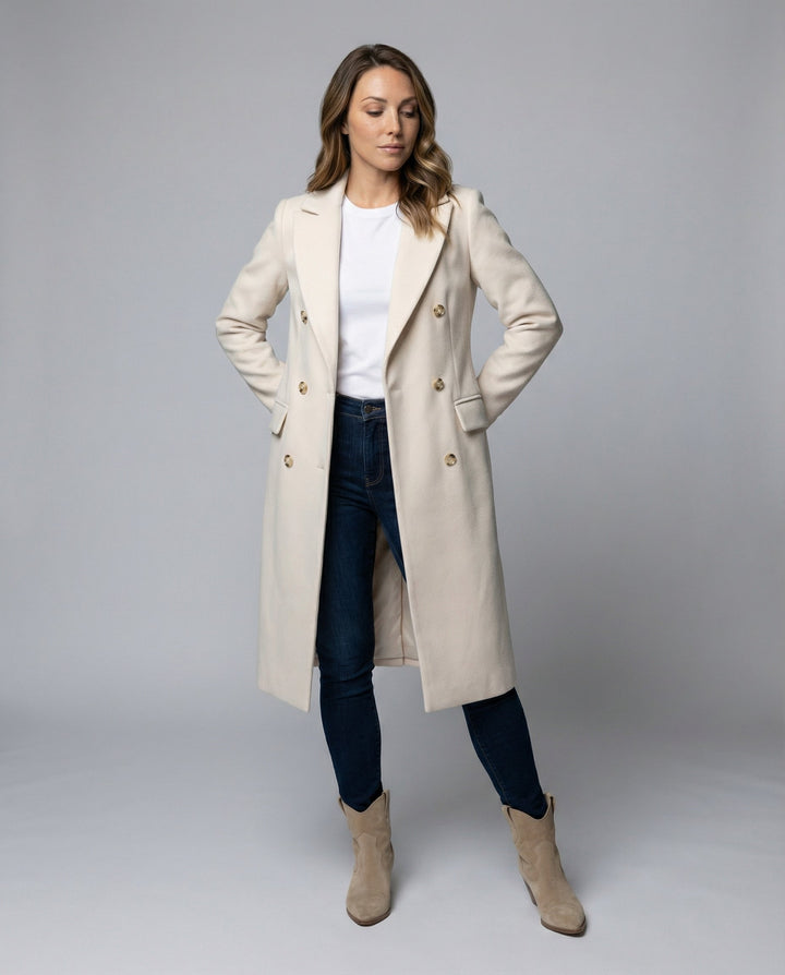 Elegant women's double-breasted winter jacket, chic outerwear for cold weather style.