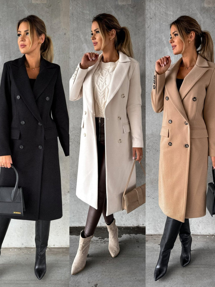 Classic black double-breasted women's winter jacket, elegant and versatile outerwear.