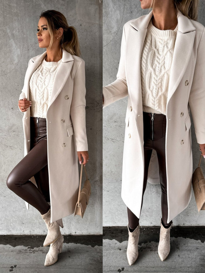 Modern khaki double-breasted winter jacket for women, chic and warm daily wear.