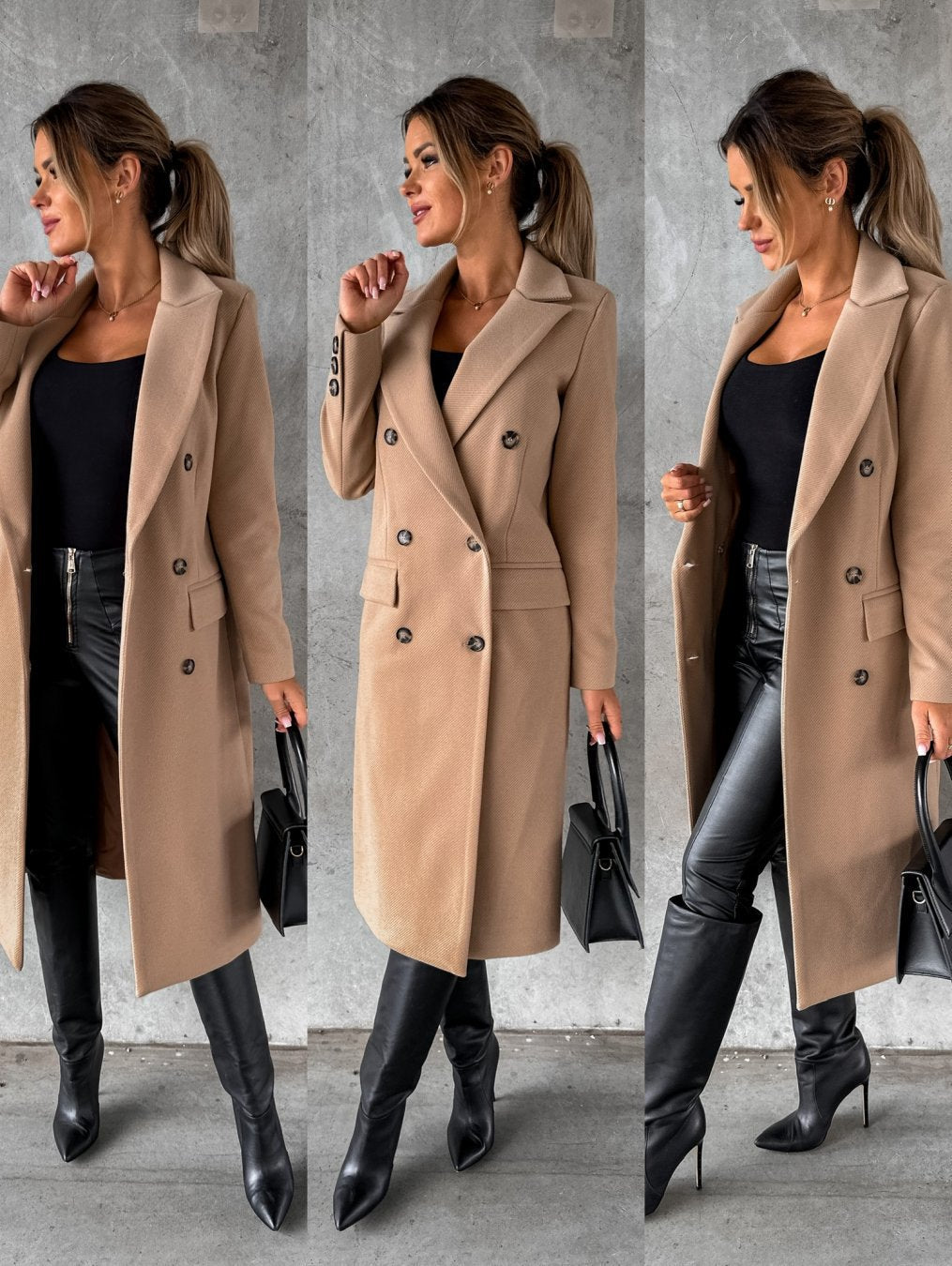 Sophisticated women's double-breasted winter jacket, ideal for elegant cold weather fashion.