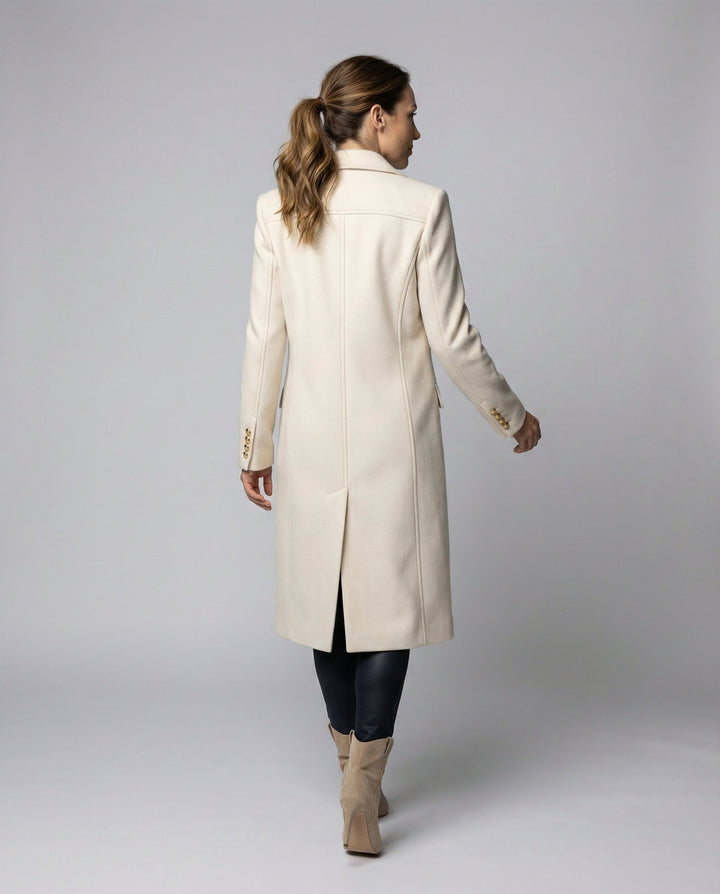 Beige women's double-breasted winter jacket, elegant outerwear perfect for daily fashion.
