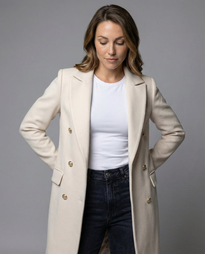 Stylish black women's double-breasted winter jacket, a chic coat for cold weather fashion.