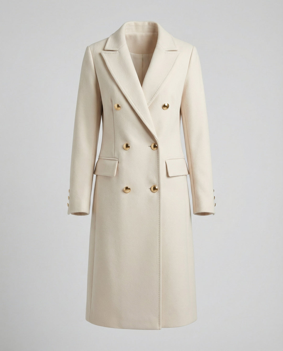 Warm double-breasted women's winter jacket, elegant outerwear for comfortable cold weather.