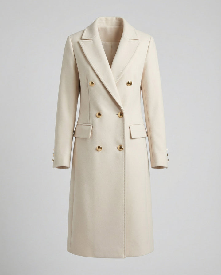 Warm double-breasted women's winter jacket, elegant outerwear for comfortable cold weather.