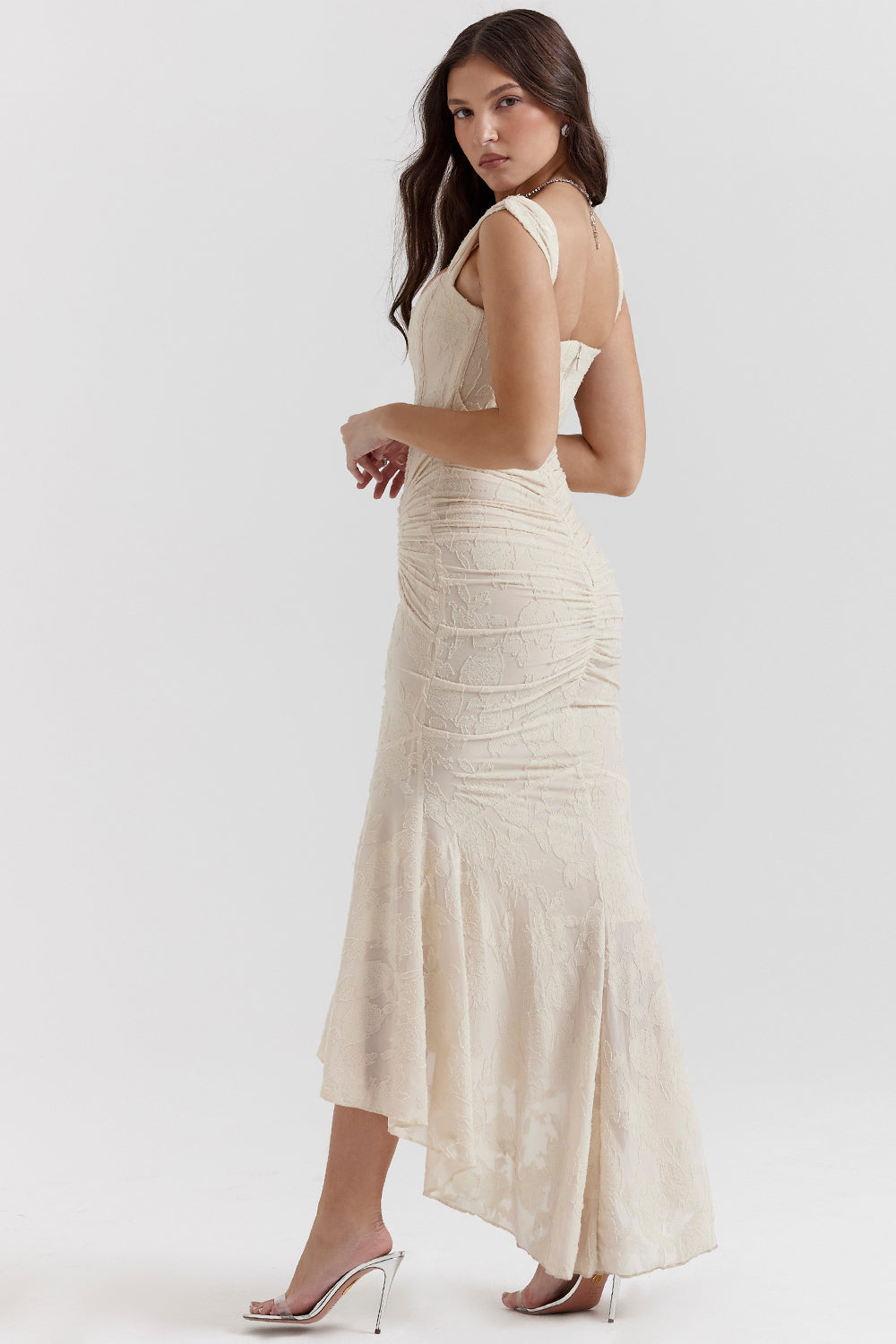 Special occasion women's draped corset high-low gown, perfect elegant evening dress.