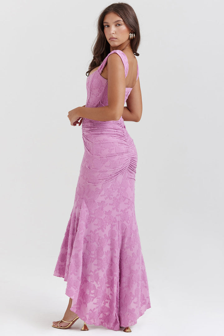 Stunning women's draped corset high-low evening gown, perfect for formal parties.