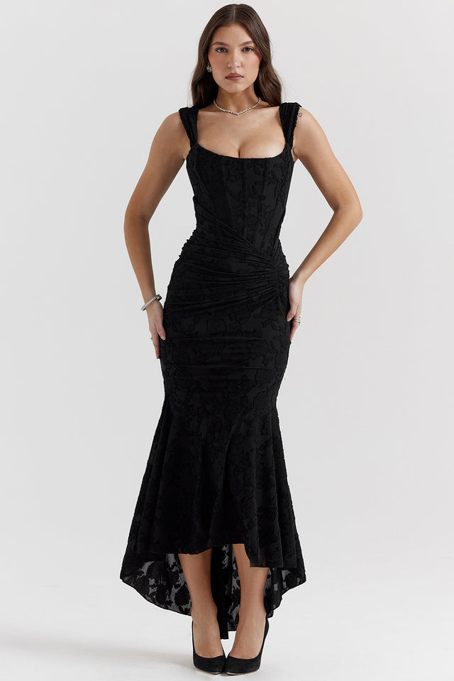 Chic women's high-low maxi dress with draped corset, elegant for special occasions.