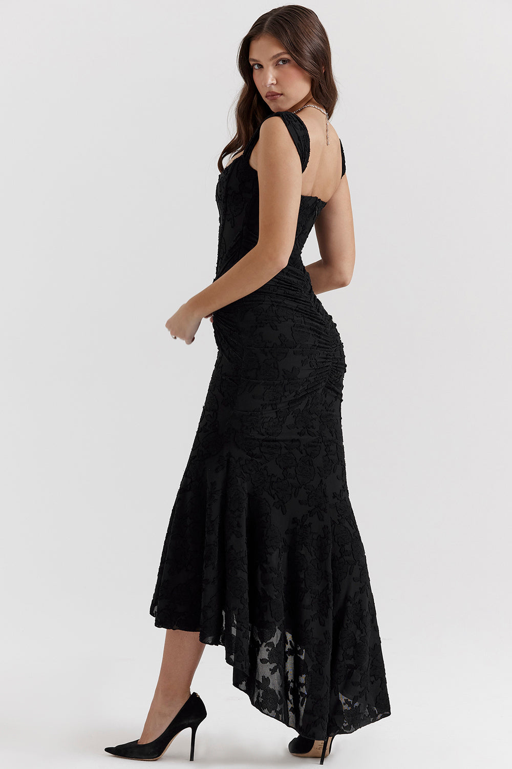 Women's special occasion gown: elegant draped corset high-low design, formal evening wear.