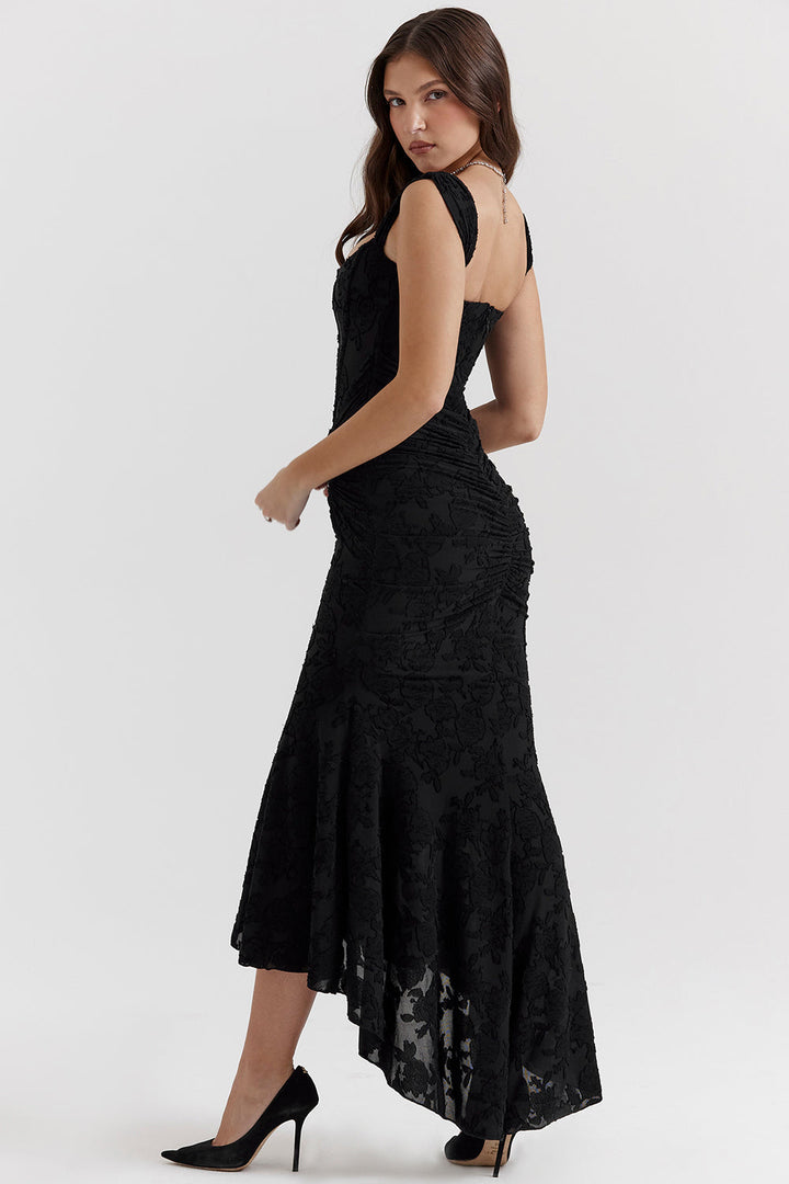 Women's special occasion gown: elegant draped corset high-low design, formal evening wear.