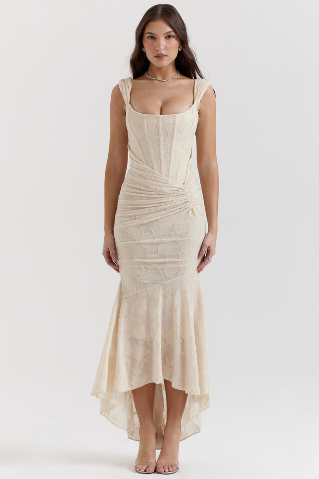 Draped corset high-low gown for women, elegant formalwear for parties & special events.