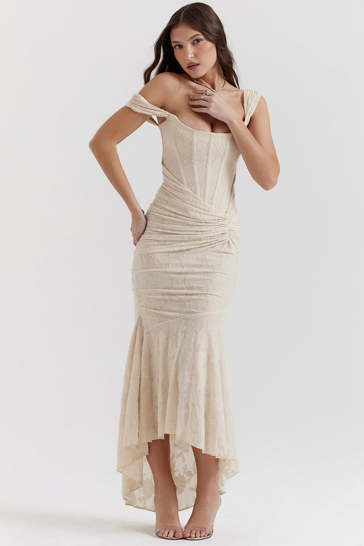 Convertible women's draped corset high-low maxi dress, elegant for any special occasion.