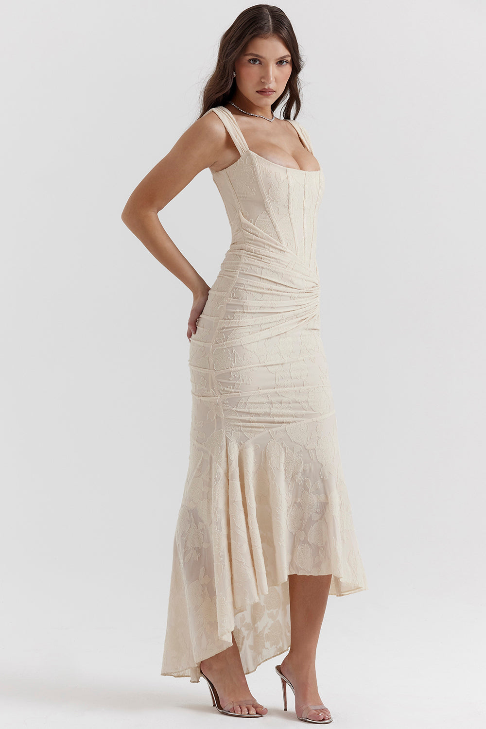 Elegant women's high-low formal gown with a beautiful draped corset design.