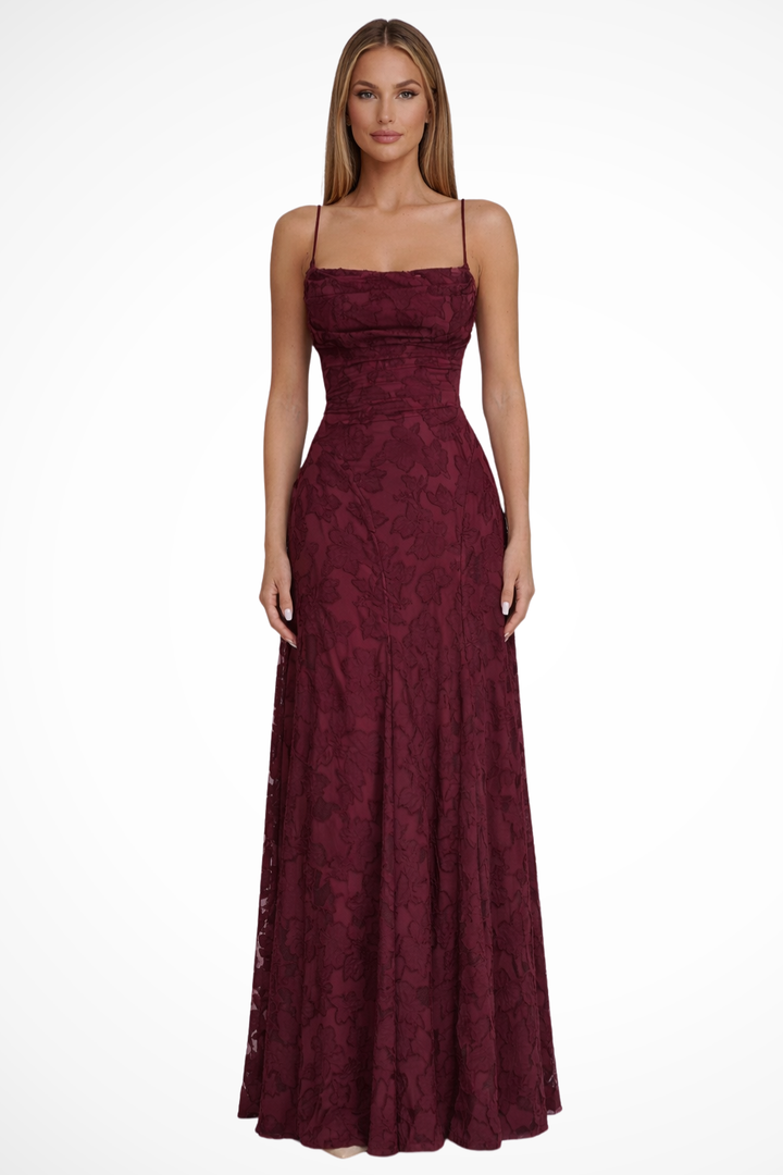 Elegant women's floral jacquard maxi dress with lace-up back, perfect for formal occasions & evening parties.