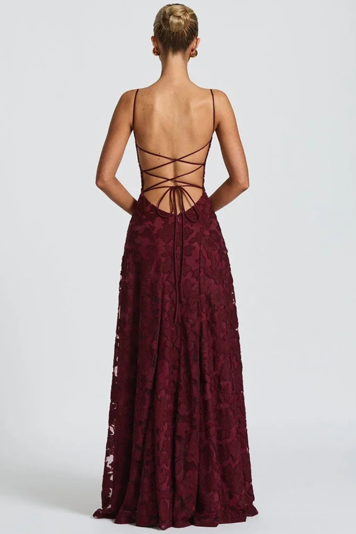 Formal women's evening gown: floral jacquard maxi dress with elegant spaghetti straps & alluring lace-up back.