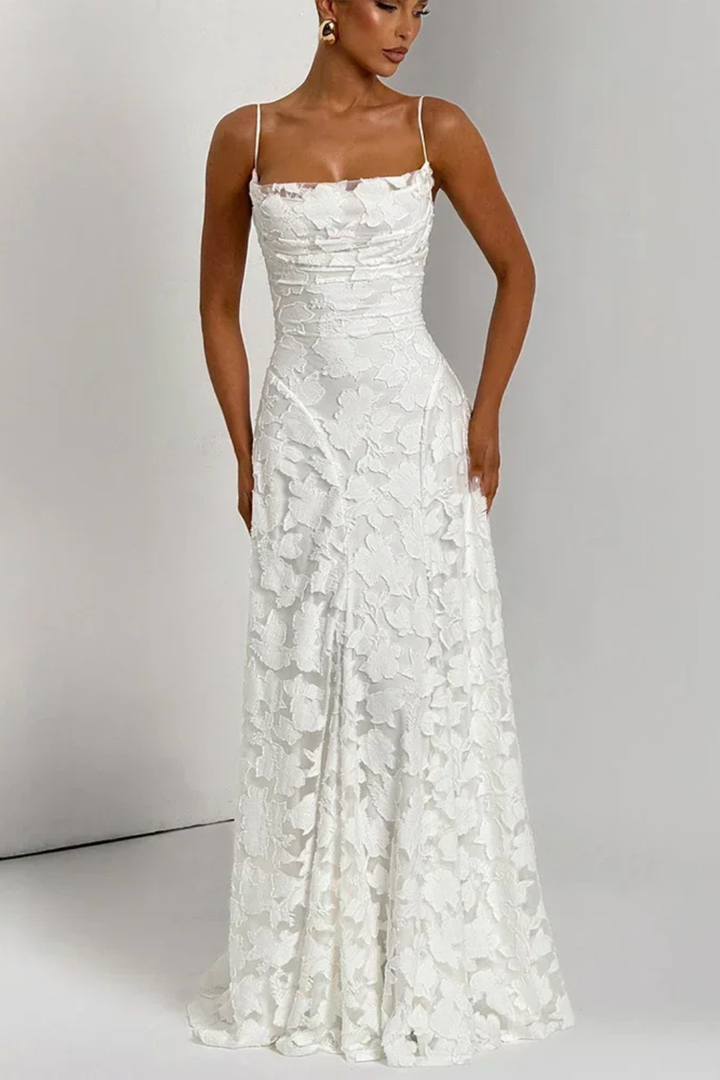 Trendy floral jacquard maxi dress with a chic lace-up back for women. An elegant choice for formal evening wear.