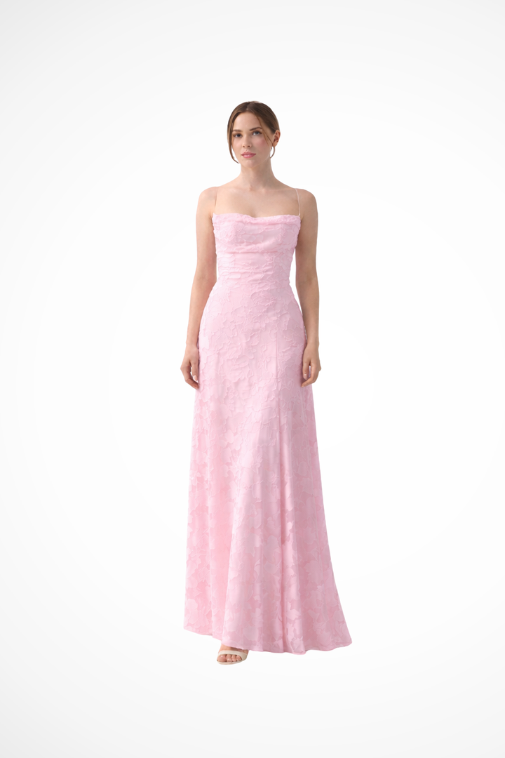 Floral jacquard maxi dress for women, designed with an elegant lace-up back and delicate spaghetti straps.