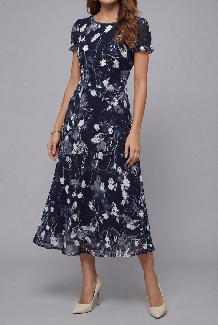 Navy blue floral midi dress for women, elegant short sleeve summer style with crew neck. Ideal for vacation.