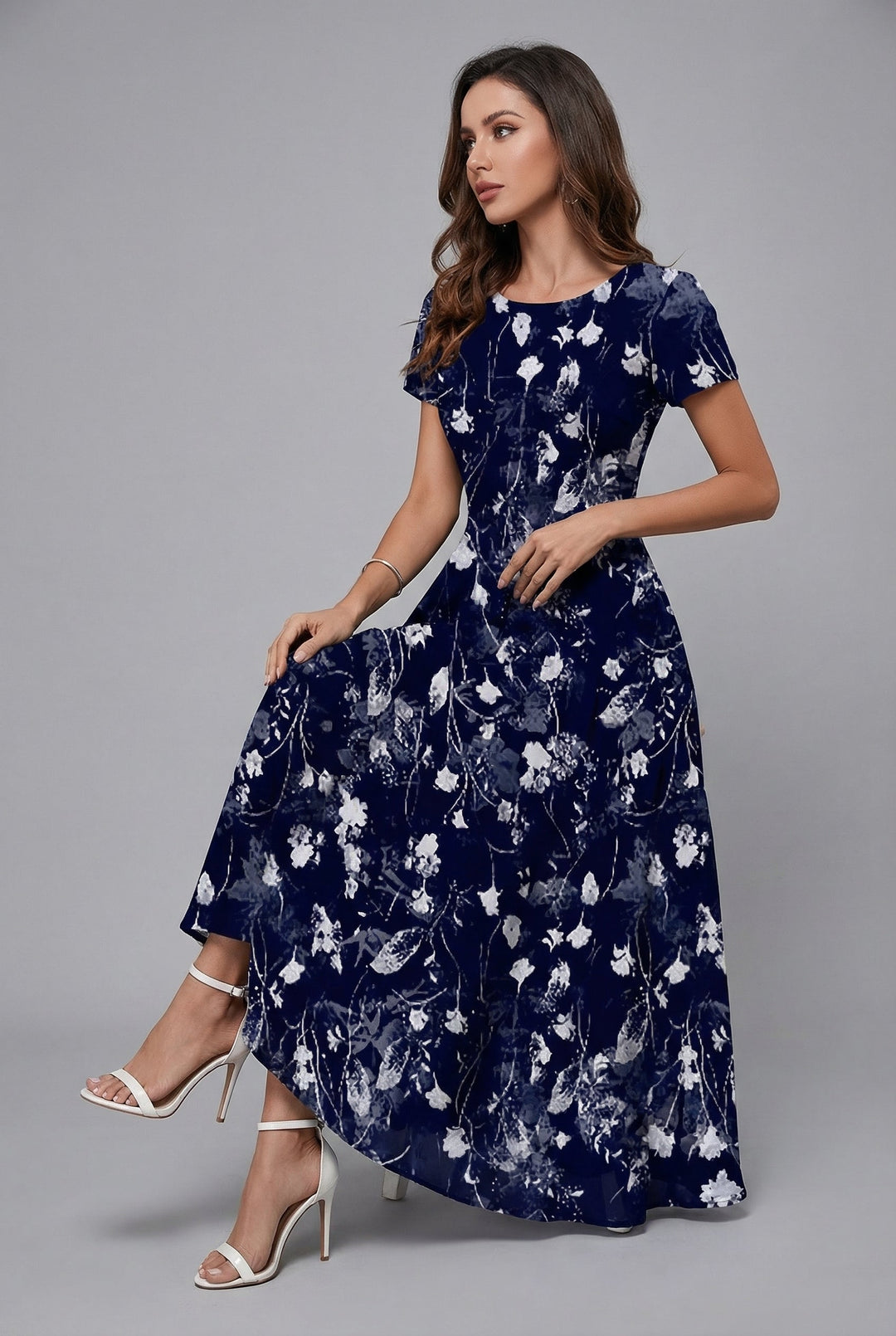Cyan floral print midi dress for women, elegant short sleeve summer style. Perfect for casual or special occasions.