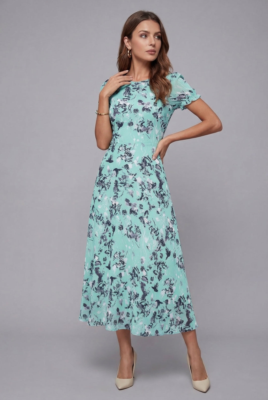 Rouge floral midi dress, women's elegant short sleeve summer style. Comfortable crew neck, great for vacations.