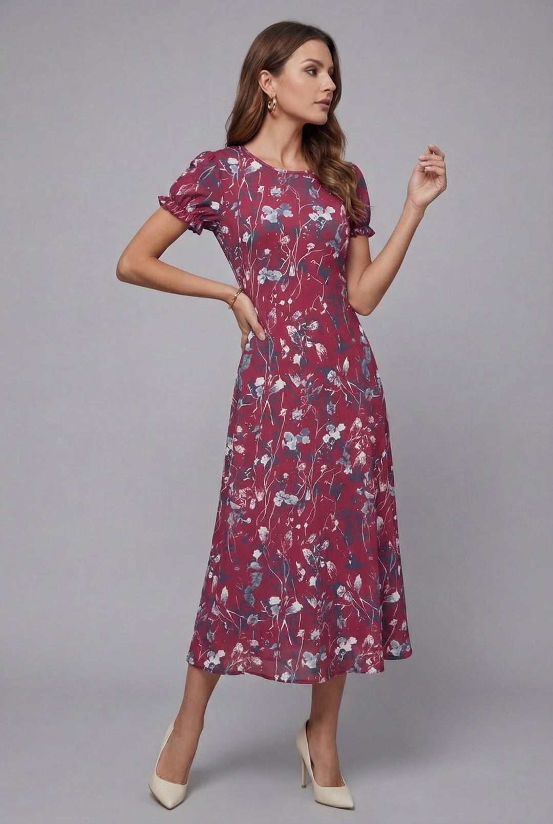 Women's elegant floral short sleeve midi dress. Versatile summer style, crew neck, suitable for various occasions.
