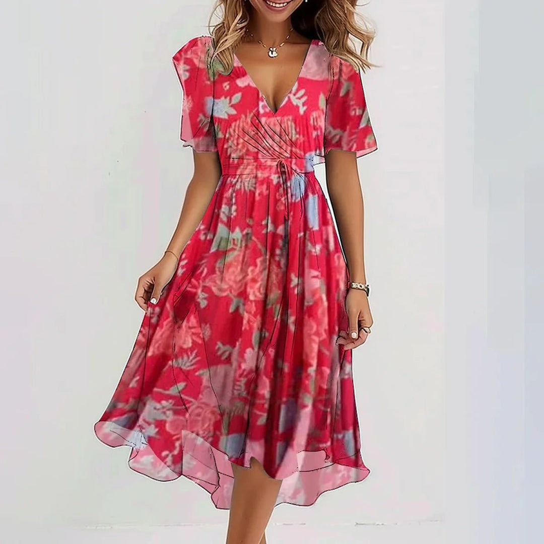 Elegant women's floral midi dress with V-neck & flutter sleeves, ideal for summer comfort & style.