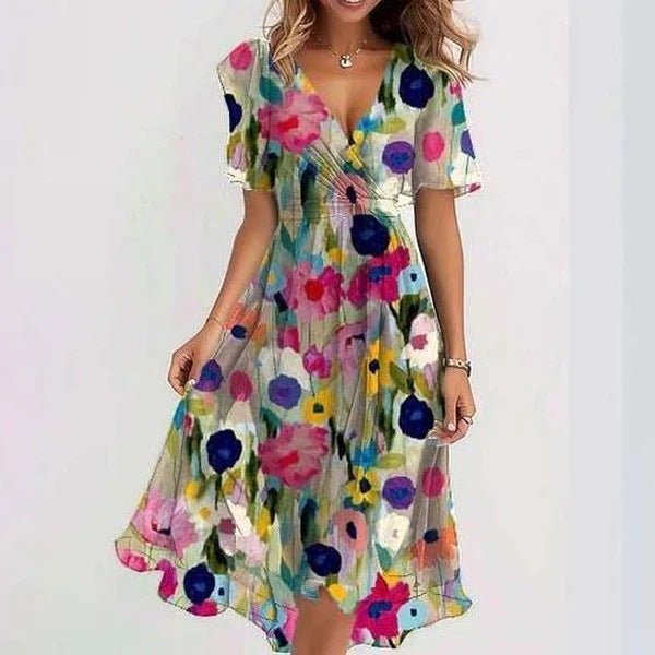 Flowy floral midi dress for women, perfect for elegant summer parties or casual wear. Features V-neck.