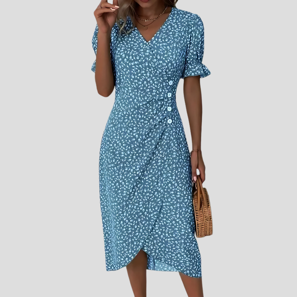 Elegant women's floral midi dress with V-neck & puff sleeves, perfect for spring garden parties or vacations.