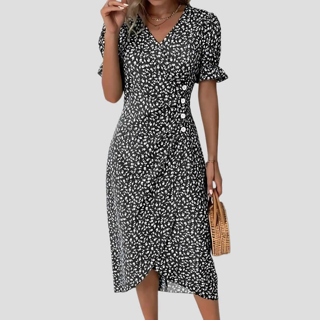Chic A-line floral midi dress for women, featuring a V-neck & puff sleeves, ideal for summer casual or elegant events.