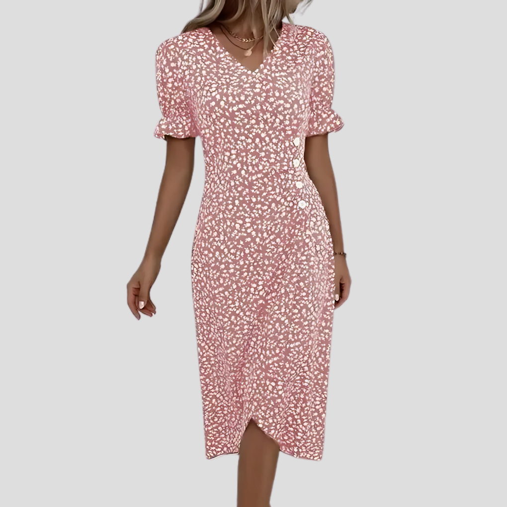 Women's V-neck floral midi dress with stylish puff sleeves & A-line cut, great for spring/summer fashion.