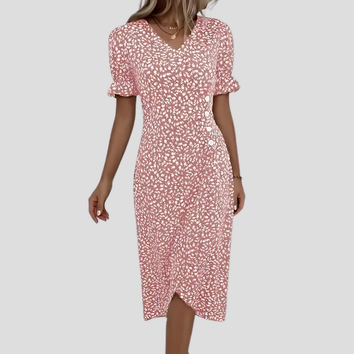 Women's V-neck floral midi dress with stylish puff sleeves & A-line cut, great for spring/summer fashion.