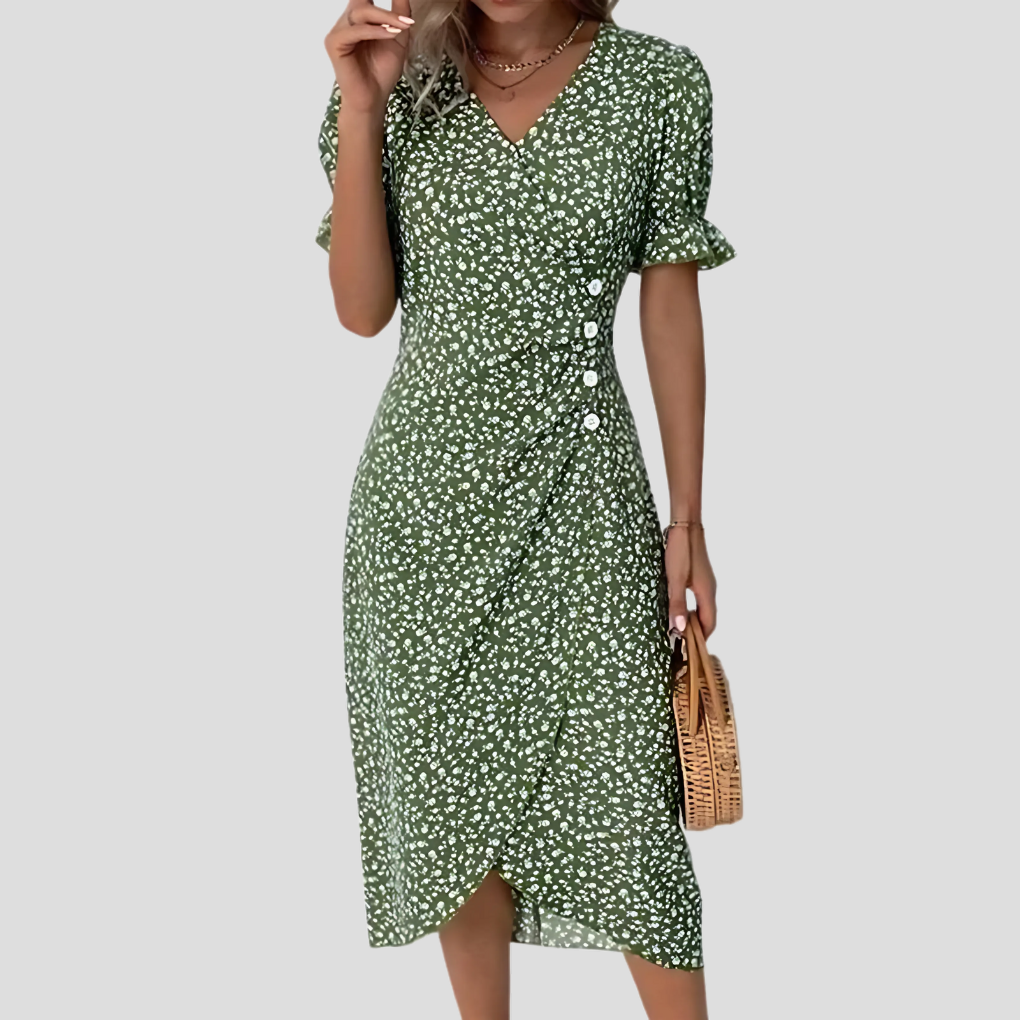 Versatile women's elegant floral midi dress, V-neck, puff sleeve, A-line. Ideal for beach, vacation, or casual wear.